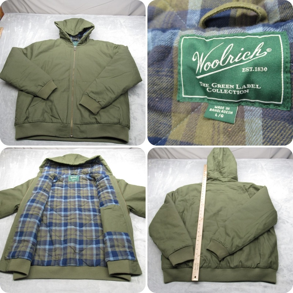 Woolrich‎ Jacket Mens Large Green Quilt Lined Insulated Full Zip Hooded Work